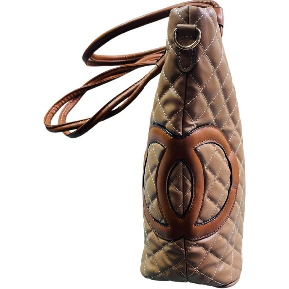 Fashion Designer Tan and Brown Quilted Large Tote Bag - Picture 4 of 11